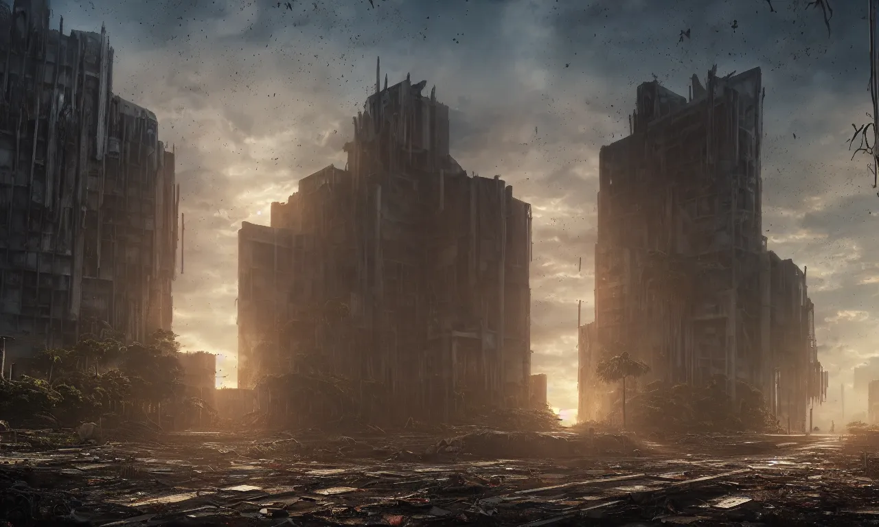 Prompt: ground level cathedral brutalist architecture abandoned empty streetscapes overgrown jungle natural volumetric light mist sunset rusted steel concrete glass stunning skies scattered rubbish and debris on the ground 8 k finely detailed unreal engine imax cinematic beautifully illustrated sharp focus doom ryan church doug chiang artstation