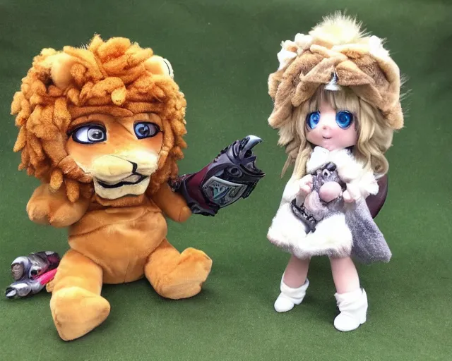 Image similar to a cute furry lion! with paladin! armor plush! doll, merchandise