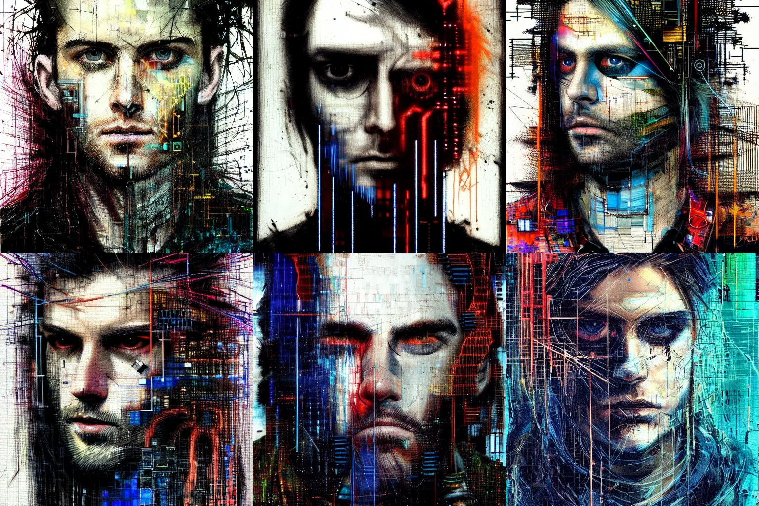 Prompt: hyperrealistic portrait of a cyberpunk man, long hair, by Guy Denning, Johannes Itten, Russ Mills, glitch art, glitch eyes, complex, hacking effects, glitch effects, looking straight, digital tech effects, cybernetics, detailed lines, chromatic, color blocking!, oil on canvas, highly detailed, symmetrical eyes, symmetrical, octane, concept art, abstract, blue and black, 8k, cinematic, trending on artstation