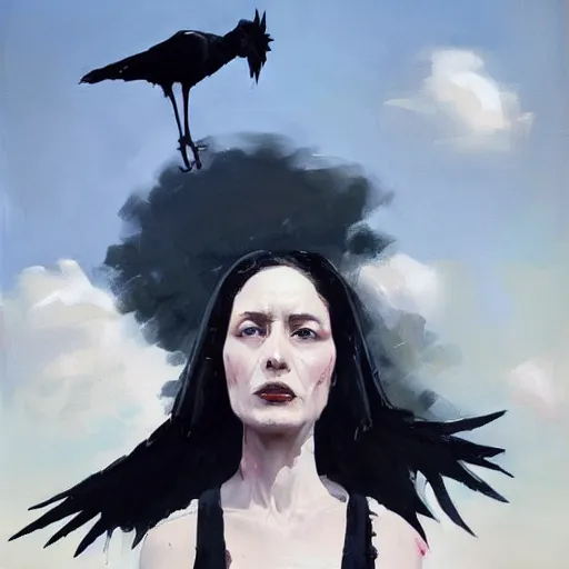 Image similar to morning, a woman in a black dress with a raven head. no face. sun, cinematic, clouds, vogue cover style, contracting colors mood, realistic painting, intricate oil painting, high detail, figurative art, poster art, by simon bisley, ismail inceoglu, wadim kashin, filip hodas. pixar theme.