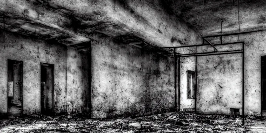 Prompt: abandoned prison with monsters, old photo, black and white, real