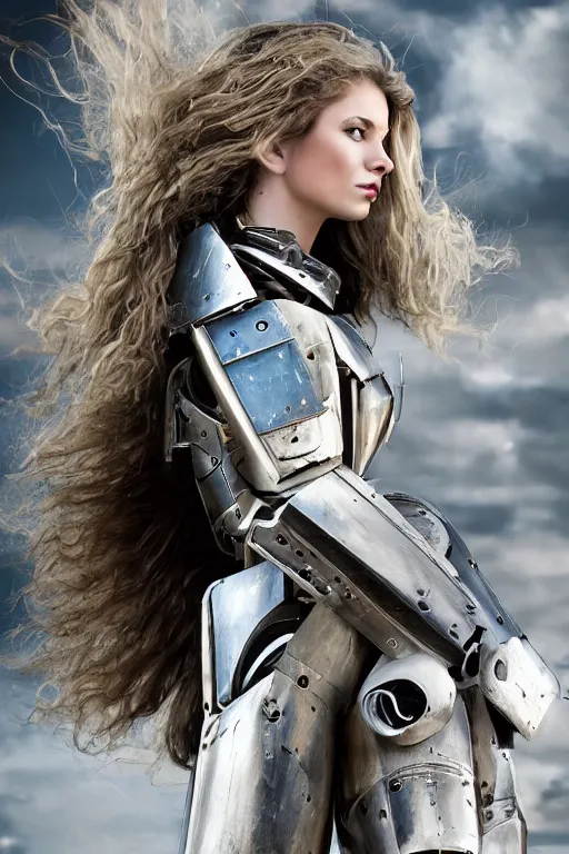 Prompt: portrait cinematography of beautiful young female, clothed in sci-fi military armor, long hair blowing in the wind. Giant mechs in the street. by Anita Sadowska