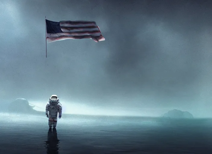 Image similar to astronaut holding a flag in an underwater desert. a submarine is visible in the distance. dark, concept art, cinematic, dramatic, atmospheric, 8 k, trending on artstation, blue, fish, low visibility, fog, ocean floor, christopher nolan, interstellar