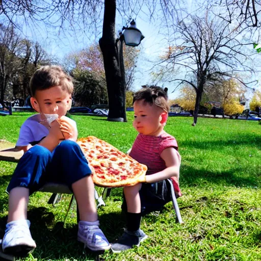 Image similar to gabriel and dresden eating pizza, outside park, sunny day, kids playing