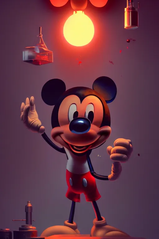 Image similar to many mechanics scientists working and repairing mickey mouse bloody head, made by beeple, greg rutkowski, unreal engine, octane render, highly detailed 4 k art, smooth, sharp focus, cinematic lighting, volumetric lighting, artstation,