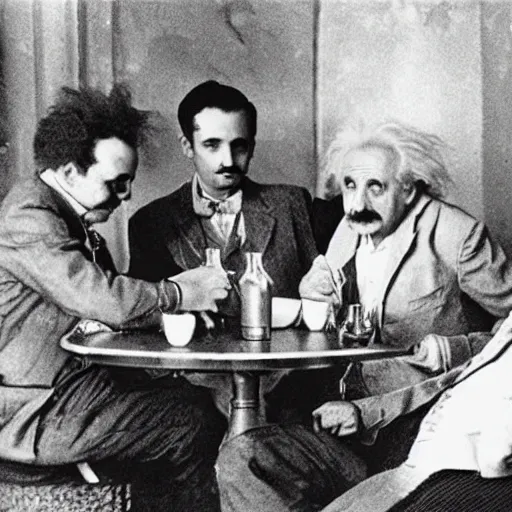 Image similar to albert einstein drinking rakia with his friends