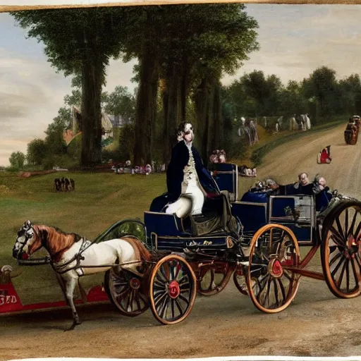 Prompt: lady catherine de bourgh from pride and prejudice drives her barouche box pulled by two horses on the formula 1 circuit of le mans. cinematic, technicolor, highly intricate