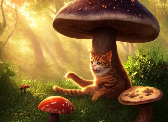 Image similar to a cute creature sitting next to a mushroom, golden hour, fantasy, sharp focus, digital art, hyper realistic, 4 k, unreal engine, highly detailed, hd, dramatic lighting by brom, trending on artstation, new cats movie