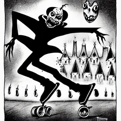 Prompt: black and white trippy comic art of dracula the vampire roller skating on roller skates, drawn by martin rowson, tim burton, alex pardee, nekro petros afshar, james mcdermott, cgsociety, award - winning, awesome, stunning, beautiful, stark, 4 k
