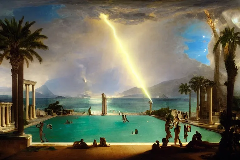 Image similar to mediterranean balustrade and palace columns, refracted lightnings on the ocean, thunderstorm, fountain, greek pool, beach and Tropical vegetation on the background major arcana sky and occult symbols, by paul delaroche, hyperrealistic 4k uhd, award-winning, very detailed paradise