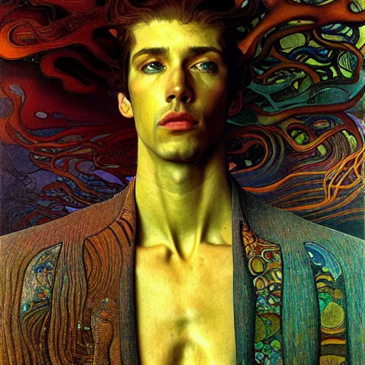 Image similar to realistic extremely detailed portrait painting of an average man ,futuristic , by Jean Delville, Amano, Yves Tanguy, Alphonse Mucha, Ernst Haeckel, Edward Robert Hughes, Roger Dean, rich moody colors, blue eyes