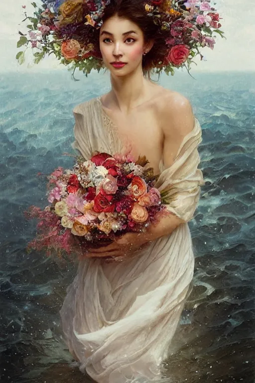 Image similar to portrait of a beautiful mysterious woman holding a large bouquet of flowing flowers, wet dripping long hair, hands disappeared under the bouquet, emerging from the water, fantasy, regal, intricate, by stanley artgerm lau, greg rutkowski, thomas kindkade, alphonse mucha, loish, norman rockwell