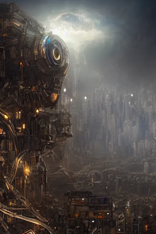 Prompt: biomechanical robot eye overlooking a desolate metropolis, fantasy, volumetric lighting, professional illustration