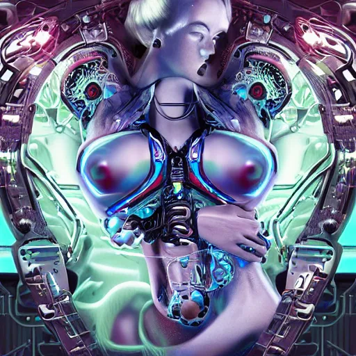 Image similar to an extremely beautiful biomechanical female robot with large emoji tattoos, twins, neon jacuzzi, oppai cyberpunk, chimeric organism, holodeck, pale skin, organic polycarbon, full frontal portrait, highly detailed, transhumanist hydration, symmetrical, mystical, goddess, mechanical, mendelbrot fractal, ray tracing, hyperdetailed, hyperrealistic, zdislaw beksinski, trending on artstation, octane render, hdr, uhd 4k