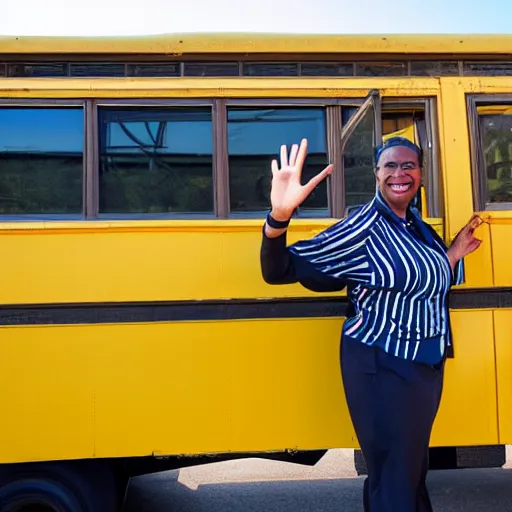 Prompt: African-American school bus driver smiling and waving at children as they exit a yellow school.