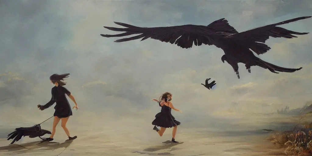 Image similar to giant crow painting chasing a girl in a magical landscape