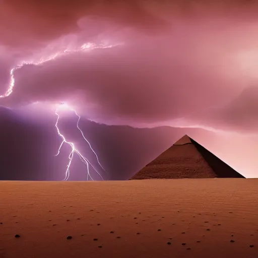 Image similar to cinematic wide shot of a lightning storm within a sandstorm, in the Egyptian desert, Great Pyramid of Giza, sense of awe, photoreal, establishing shot, cinematic composition, matte painting, artstation,