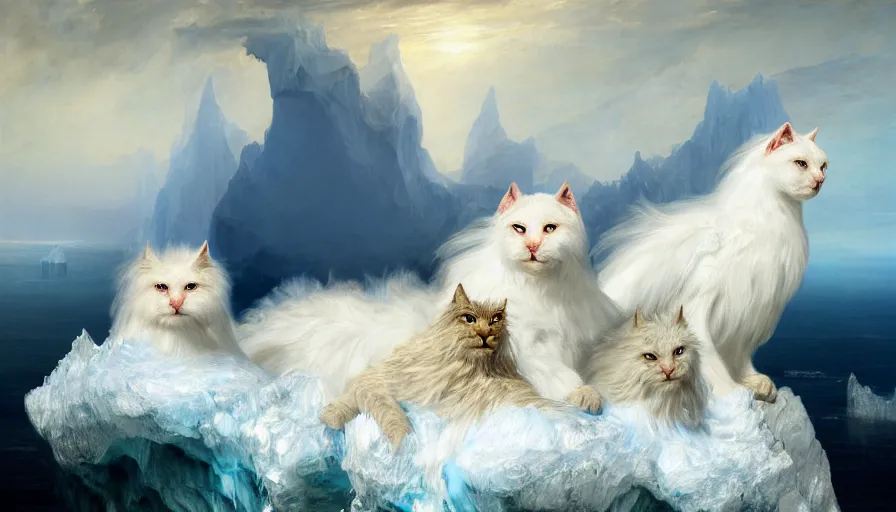 Image similar to highly detailed painting of white giant griffon cat bears with large feathered wings on a blue and white iceberg by william turner, by greg rutkowski, by william constable, thick brush strokes and visible paint layers, 4 k resolution