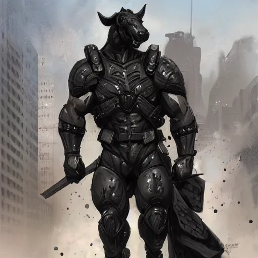 Prompt: a musclebound black - coated male anthro horse in a tactical outfit in a city warzone, detailed clothes texture, absurdly beefy physique, highly detailed, digital painting, artstation, sharp focus, smooth, concept art, illustration, art by artgerm, greg rutkowski, wlop