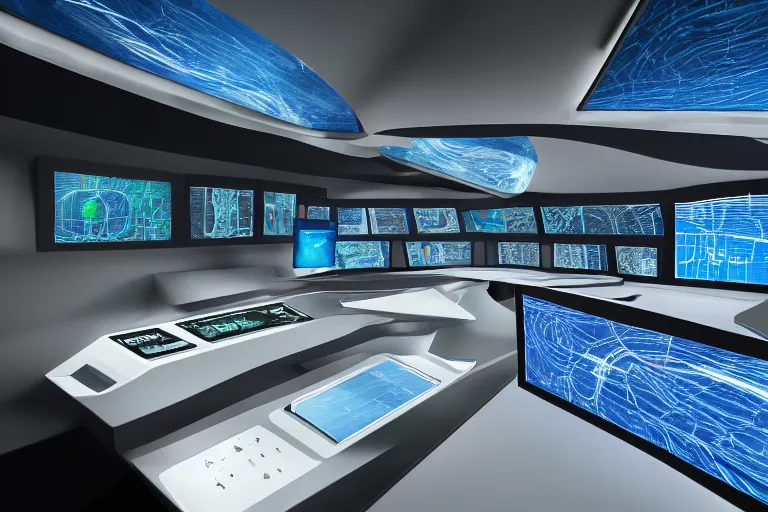 Prompt: futuristic spaceship console screens filled with complex visualized analysis of a landscape, molecules, radio signals