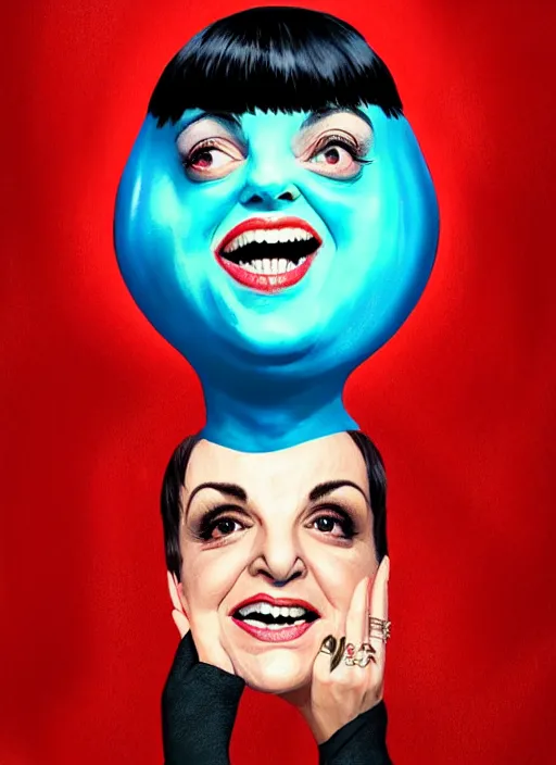 Image similar to highly detailed comedy caper movie poster with laughing liza minnelli face as a sentient jelly, liza minnelli face inside jelly by greg rutkowski