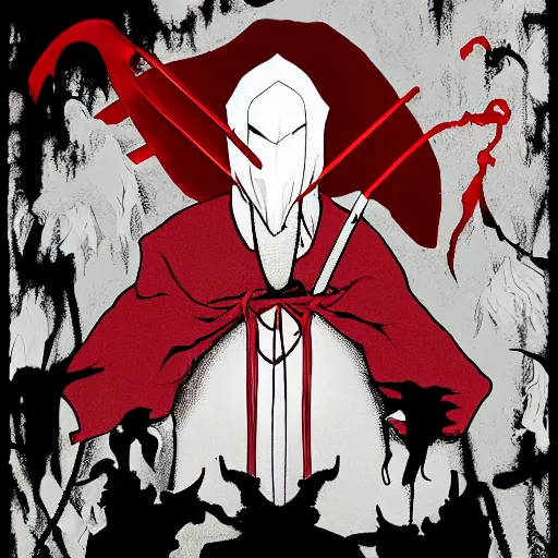 Image similar to samarai cloaked in white with swords, standing in light beam of a dark cave, ruby red sorrow, high quality, ultra detail