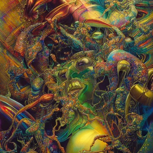 Prompt: realistic detailed image of Iridescent Holographic Multicolored Creatures breaking out of Facility by Ayami Kojima, Amano, Karol Bak, Greg Hildebrandt, and Mark Brooks, Neo-Gothic, gothic, rich deep colors. Beksinski painting, part by Adrian Ghenie and Gerhard Richter. art by Takato Yamamoto. masterpiece