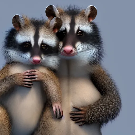 Prompt: an opossum and an american raccoon hugging, cute photograph, 4k wallpaper, unreal engine, artstation