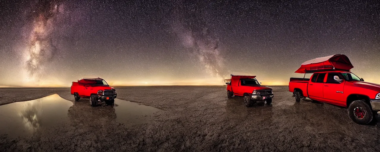 Image similar to dodge ram red power wagon with a roof top tent camping on wet salt flats at night, reflections, long exposure, milky way, Sayem Reza, poster