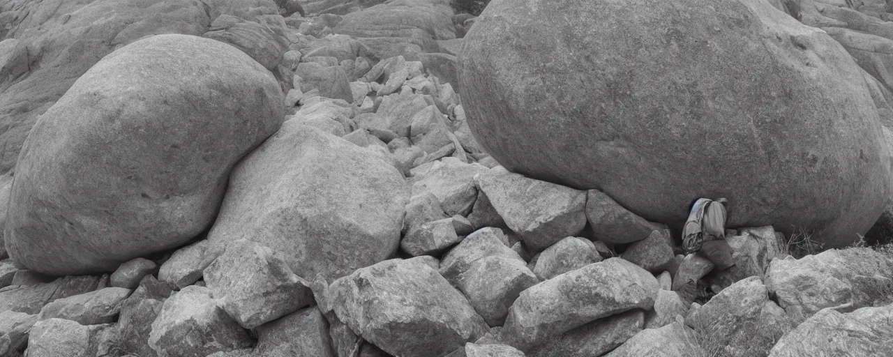 Prompt: a man is pushing a large and round boulder up a mountain, the stone is rolling up, the man looks tired and dejected, the mountain is steep, melancholic mood, animated, impressionism, 8k, HDR, ultra detailed, wide angle shot, movie poster, cinematic composition, trending on artstation, black and white