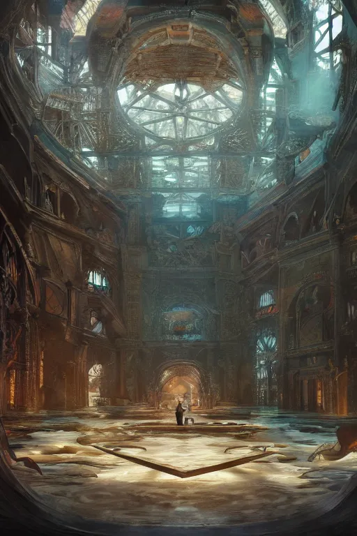 Image similar to inside of an atlantis palace, intricate, elegant, volumetric lighting, digital painting, highly detailed, artstation, sharp focus, illustration, concept art, ruan jia, steve mccurry