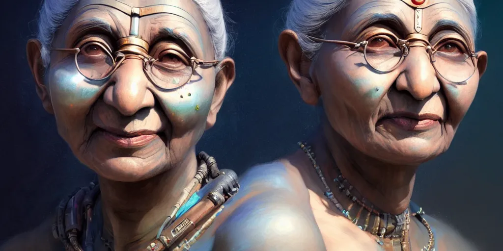 Image similar to ultra detailed face portrait of the mamatha gandhi as a cyborg, extremely detailed digital painting, in the style of fenghua zhong and ruan jia and jeremy lipking and peter mohrbacher, mystical colors, rim light, beautiful lighting, 8 k, stunning scene, raytracing, octane, trending on artstation