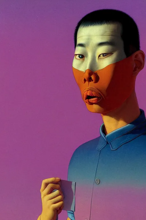 Image similar to a scifi closeup portrait of a young chinese man licking a blotter paper of LSD acid on his tongue and dreaming psychedelic hallucinations in cosmos, by kawase hasui, moebius, Edward Hopper and James Gilleard, Zdzislaw Beksinski, Steven Outram colorful flat surreal design, hd, 8k, artstation