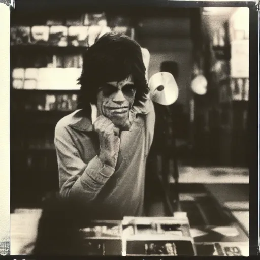 Image similar to mick jagger working in a record store in 1 9 6 9, polaroid photo, artistic, realistic, snapshot