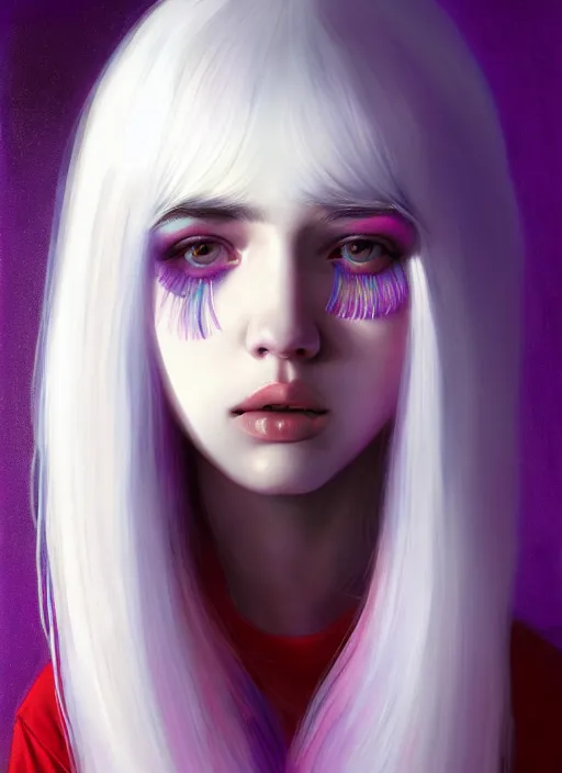 Image similar to hair whitebangs hair, black hair, whitebangs, portrait of teenage girl with white bangs, red irises, purple clothes, white bangs, bangs are different color from hair, intricate, elegant, glowing lights, highly detailed, digital painting, artstation, concept art, smooth, sharp focus, illustration, art by wlop, mars ravelo and greg rutkowski