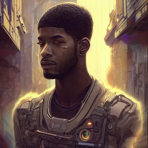 Image similar to scifi character portrait of Kid Cudi, dystopian mood, intricate, wild, highly detailed, digital painting, artstation, concept art, smooth, sharp focus, illustration, art by artgerm and greg rutkowski and alphonse mucha