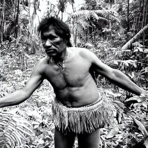 Prompt: Portrait of an Amazon indigenous tribe leader finding a cellphone in the middle of an ominous jungle, 1980s photography