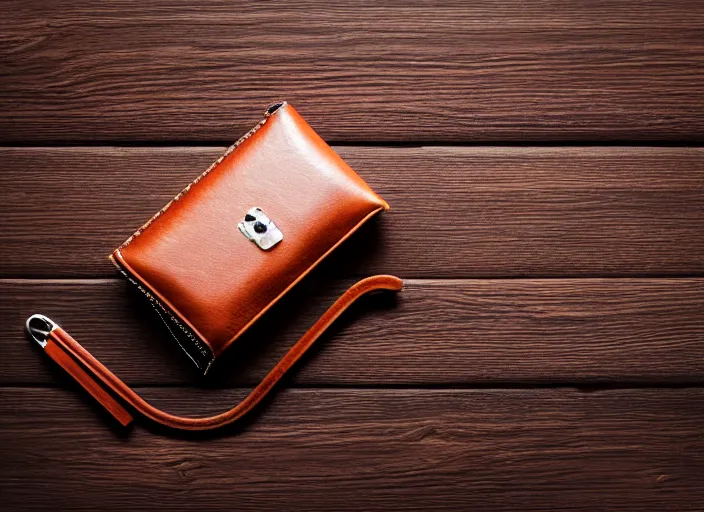 Prompt: clear highly detailed photorealistic topdown mockup product photograph of a realistic purse on a wooden background