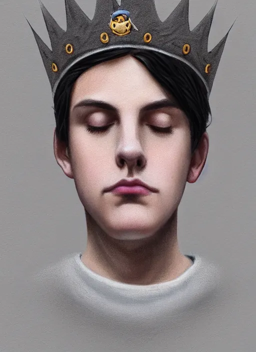 Image similar to portrait of teenage jughead jones wearing a light grey crown, photorealistic, crown, eyes closed, crown, black hair, sweater with letter s on it, letter s, intricate, elegant, glowing lights, highly detailed, digital painting, artstation, concept art, smooth, sharp focus, illustration, art by wlop, mars ravelo and greg rutkowski