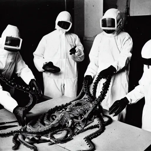 Image similar to old black and white photo, 1 9 1 3, depicting scientists in hazmat suits dissecting an alien biomechanical octopus, historical record