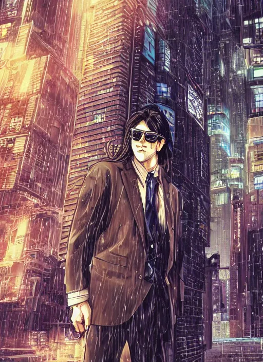 Prompt: manga cover, white man with long brown hair, sunglasses, business suit, serious, intricate cyberpunk city, rain, emotional lighting, character illustration by tatsuki fujimoto