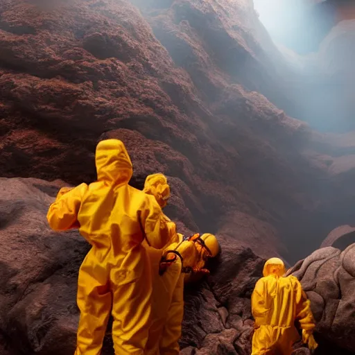 Image similar to wide - shot photo of a group of scientists in hazmat suits, studying a hell open rift portal, by shaun tan, codachrome, hellish, unsettling, otherworldly, smoke, machines, floating rocks, 8 k, hd, highly detailed,