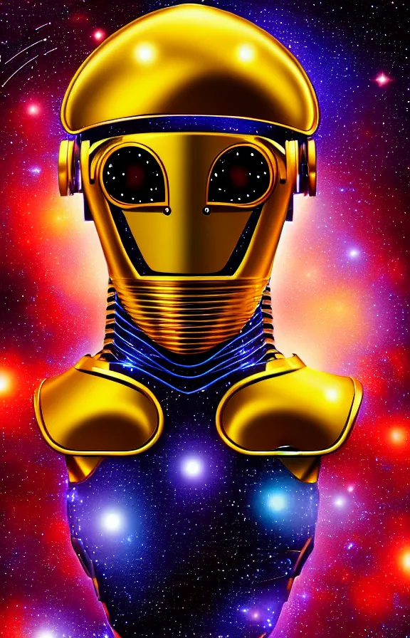 Prompt: portrait of a robot humanoid alien with golden armature and medieval helmet. Galactic iridescent background in the style of Tim white and moebius