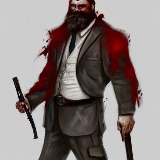 Prompt: Bearded man in suit holding shotgun covered in blood, muscular, D&D, fantasy, tactical, badass, artstation, concept art