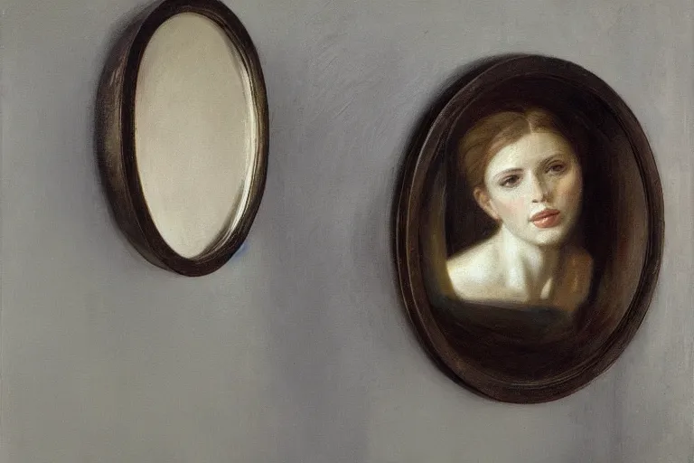 Prompt: hyperrealism, broken mirror with reflection of a woman, soft light, in style of classicism