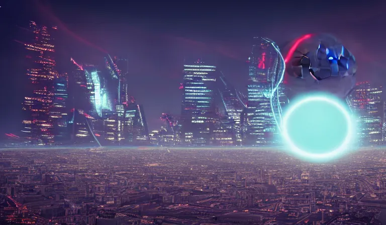 Image similar to city of london being vaporized by the death star high up in the atmosphere, photorealistic, sci fi, neon, futuristic, 8k ,