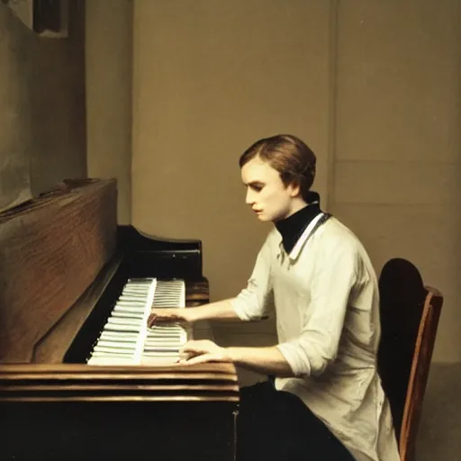 Prompt: icy poet playing an early piano with a sweltering desk in the background