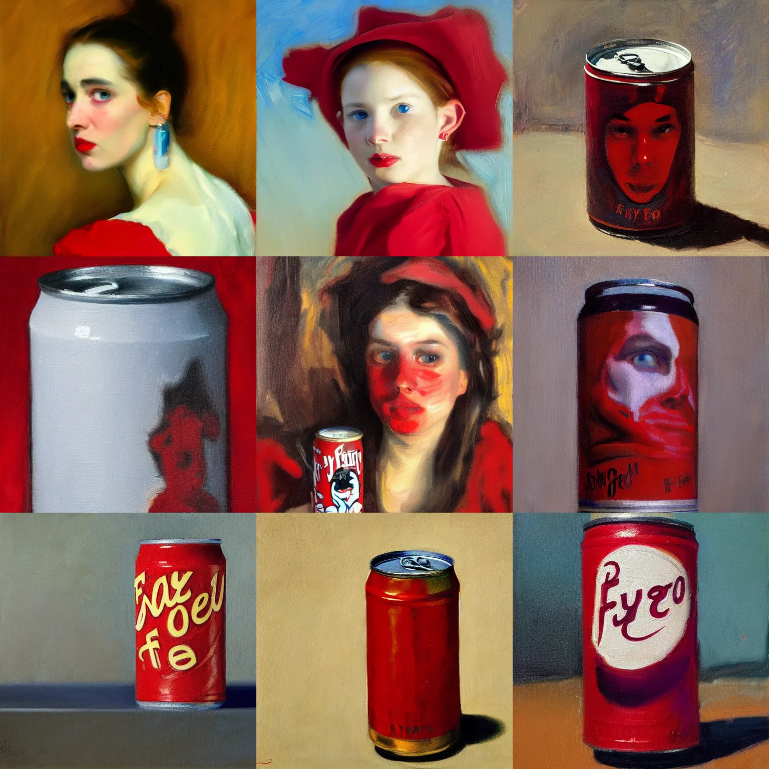 Prompt: portrait of a can of red faygo, hyperrealistic, in the style of john singer sargent, oil painting