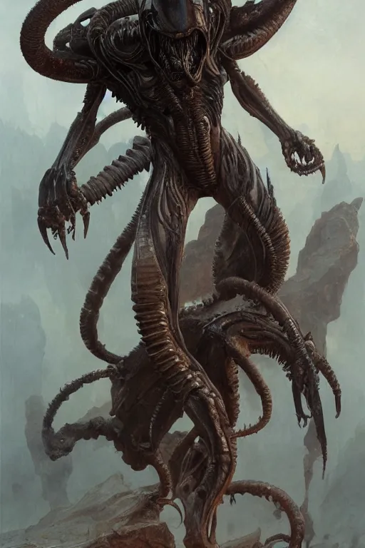 Prompt: beautiful clean oil painting of xenomorph predator warrior by wayne barlowe, greg rutkowski, rembrandt, detailed, award - winning, stunning, realistic skin color