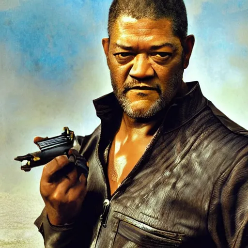 Image similar to a beautiful matte painting of laurence fishburne in an action movie, by steve argyle and mark arian